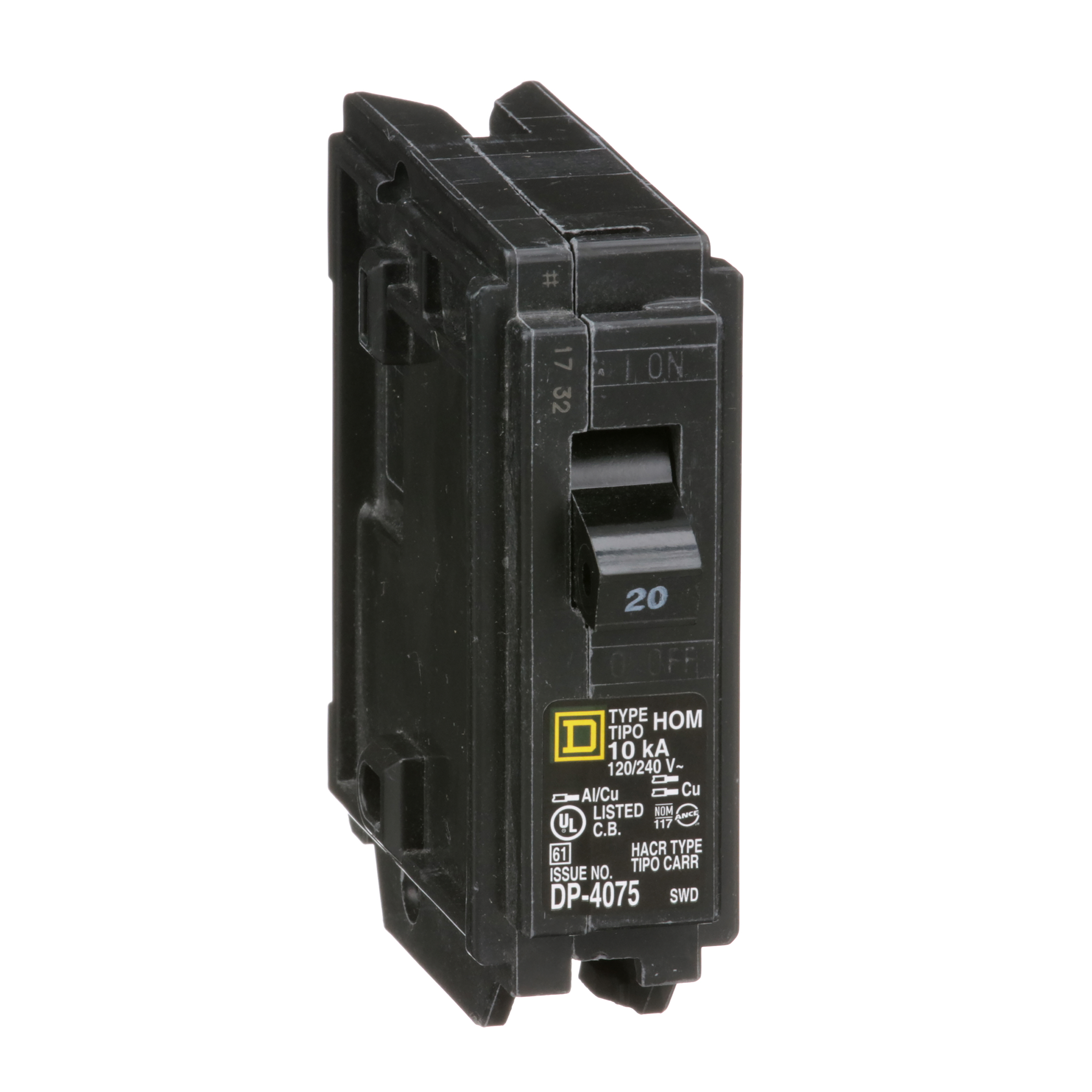 Mini circuit breaker, Homeline, 20A, 1 pole, 120/240VAC, 10kA AIR, standard type, plug in, UL