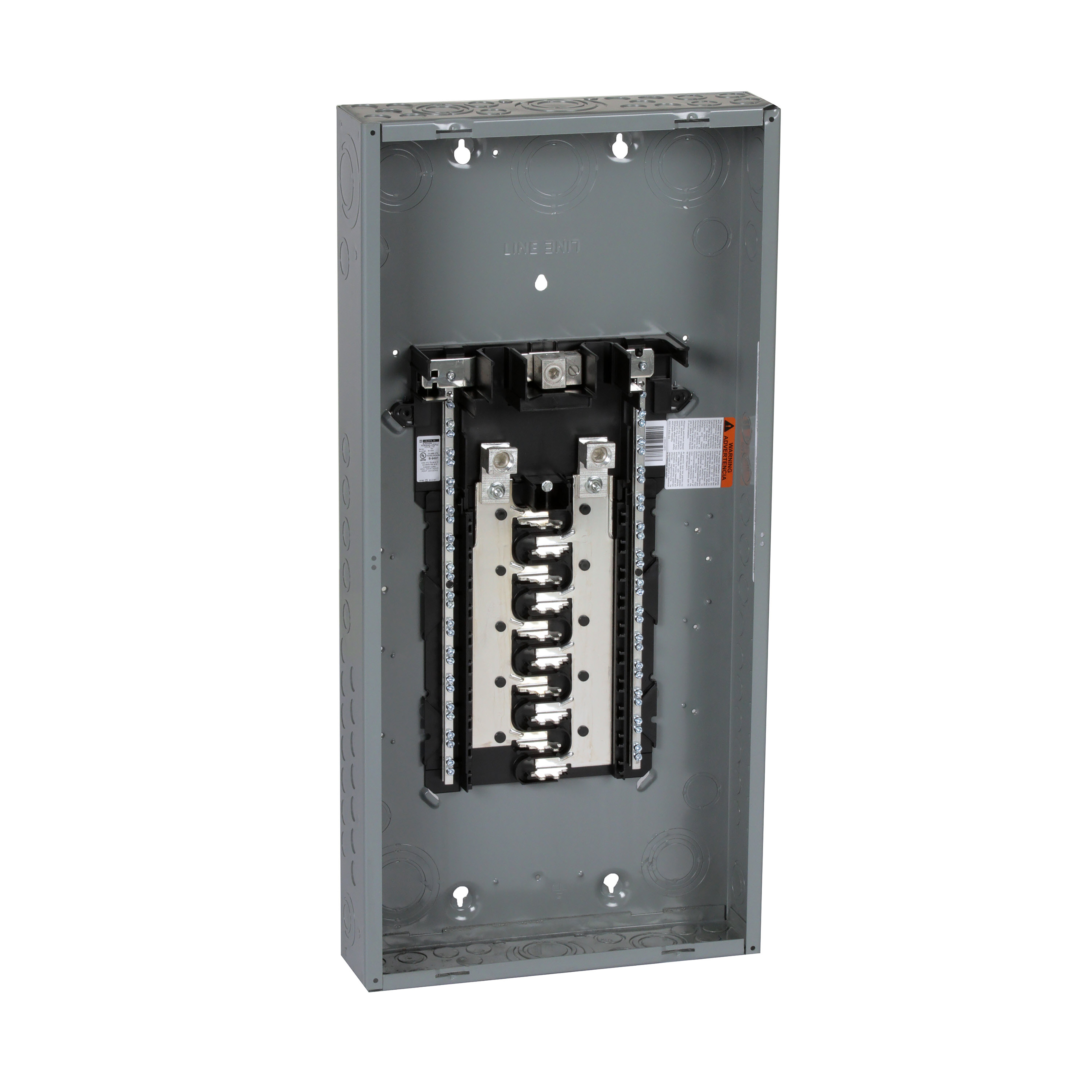 Load center, Homeline, 1 phase, 20 spaces, 40 circuits, 225A convertible main lugs, PoN, NEMA1, gnd bar, combo cover