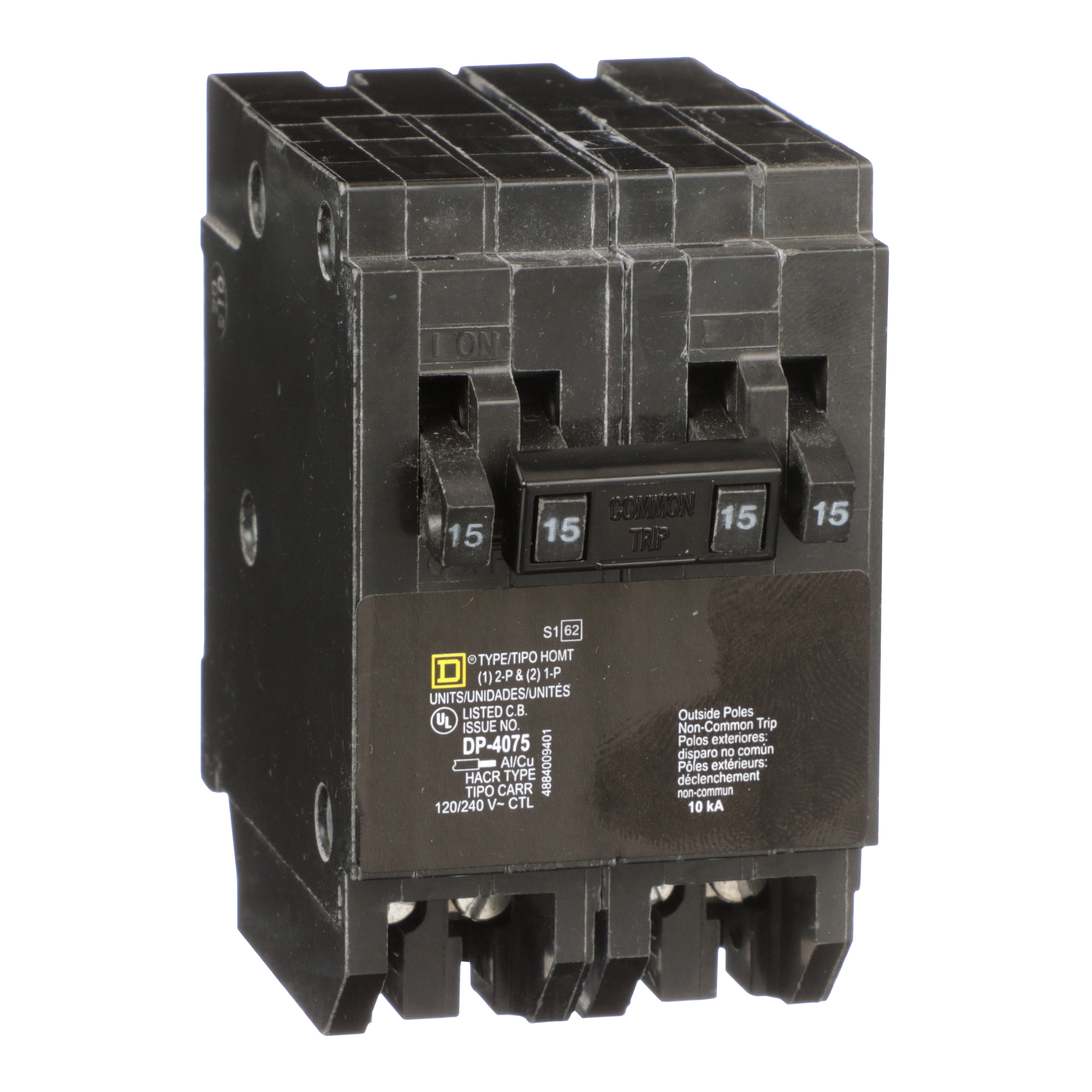 Tandem circuit breaker, Homeline, 2 x 1 pole at 15A, 1 x 2 pole at 15A, 120/240VAC, 10kA AIR, plug in, UL