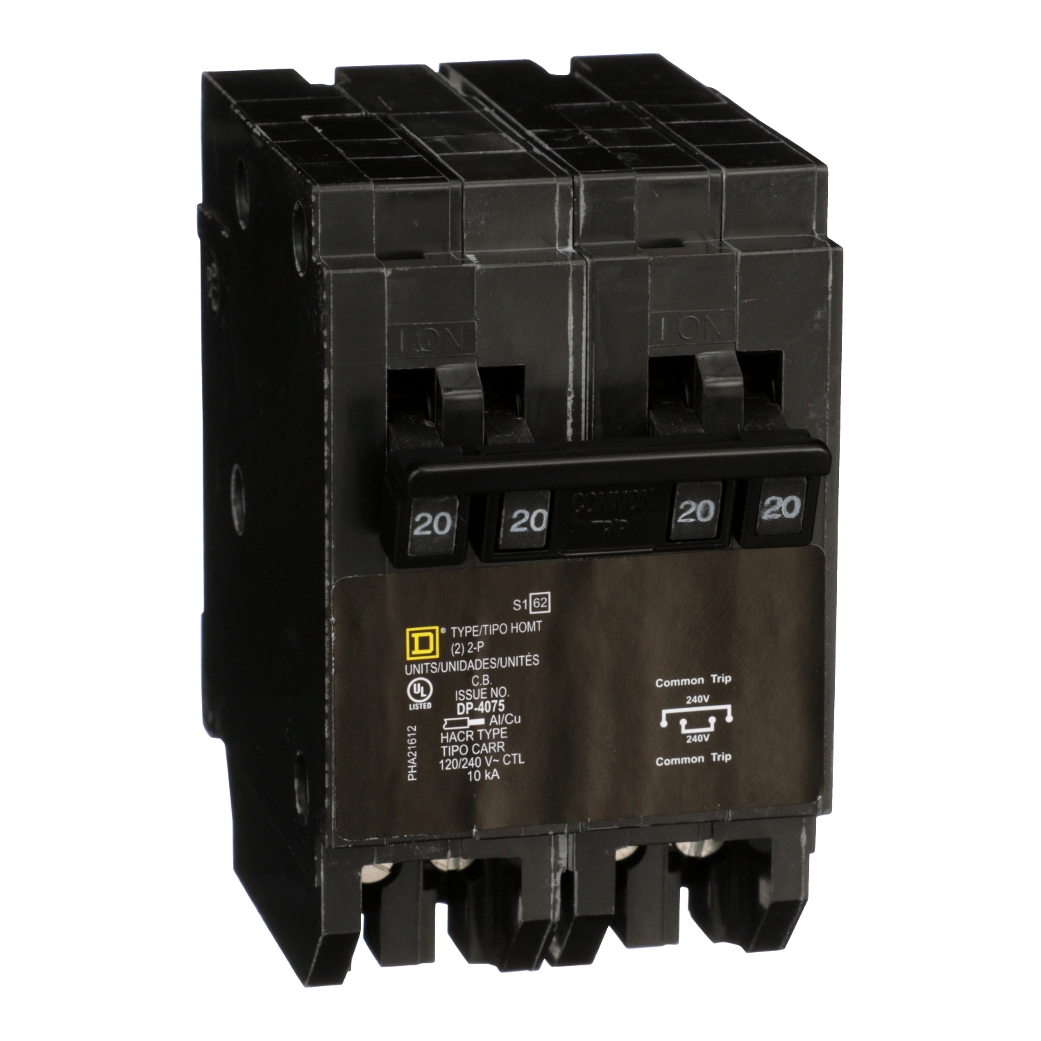 Quad tandem circuit breaker, Homeline, 2 x 2 pole at 20A, 120/240VAC, 10kA AIR, plug in, UL