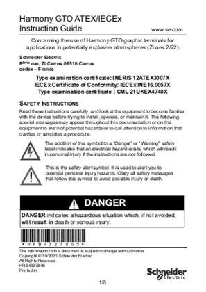 Harmony GTO Graphic Terminals, ATEX/IECEx Instruction Guide