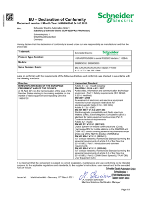 Zelio Modem SR2MOD EU Declaration of Conformity