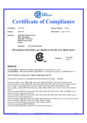 Modicon M580 M340 X80, Certificate, cCSAus, Hazardous Location