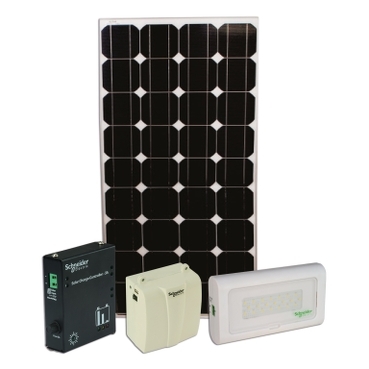 Componentes del Sistema Doméstico Solar Schneider Electric Lámparas LED, Controladores de Carga Solar, Paneles Solares, unidades de respaldo para sistemas domésticos solares