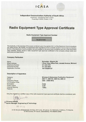 ICASA-Certificate-ZBRR, ZBRA1 Wireless and Batteryless pushbuttons Equipments