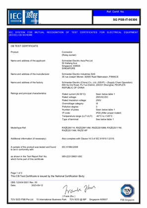 IECEE CB Certificates Harmony Relays (RXM*AB/RXM*GB) and Sockets (RXZE)