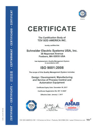 Schneider Electric Systems Field Devices ISO 9001:2008 Certificate - Design, Development Support of Process Control and Automation Equipment