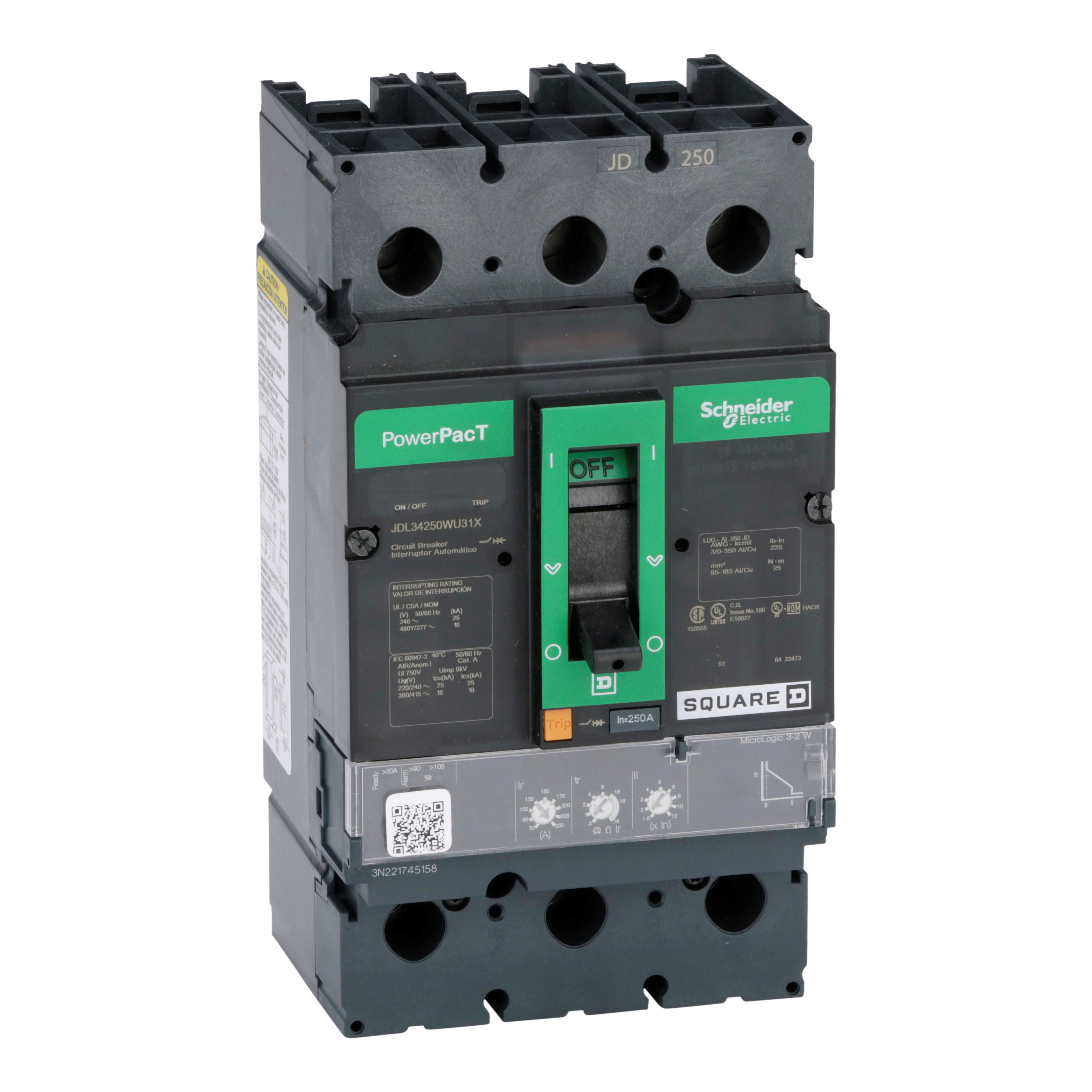 Circuit breaker, PowerPacT J, 250A, 3 pole, 480VAC, 18kA, lugs, Micrologic 3.2, 80%, mission critical