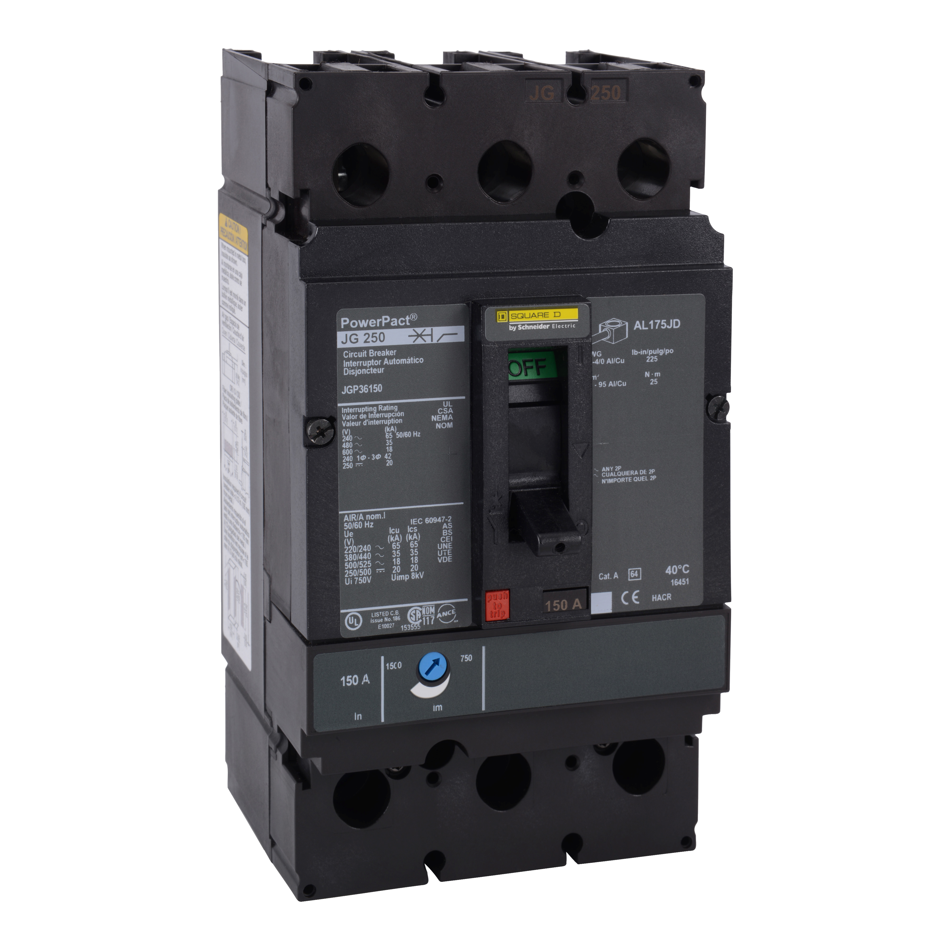 Circuit breaker, PowerPacT J, 175A, 3 pole, 600VAC, 18kA, lugs, thermal magnetic, 80%