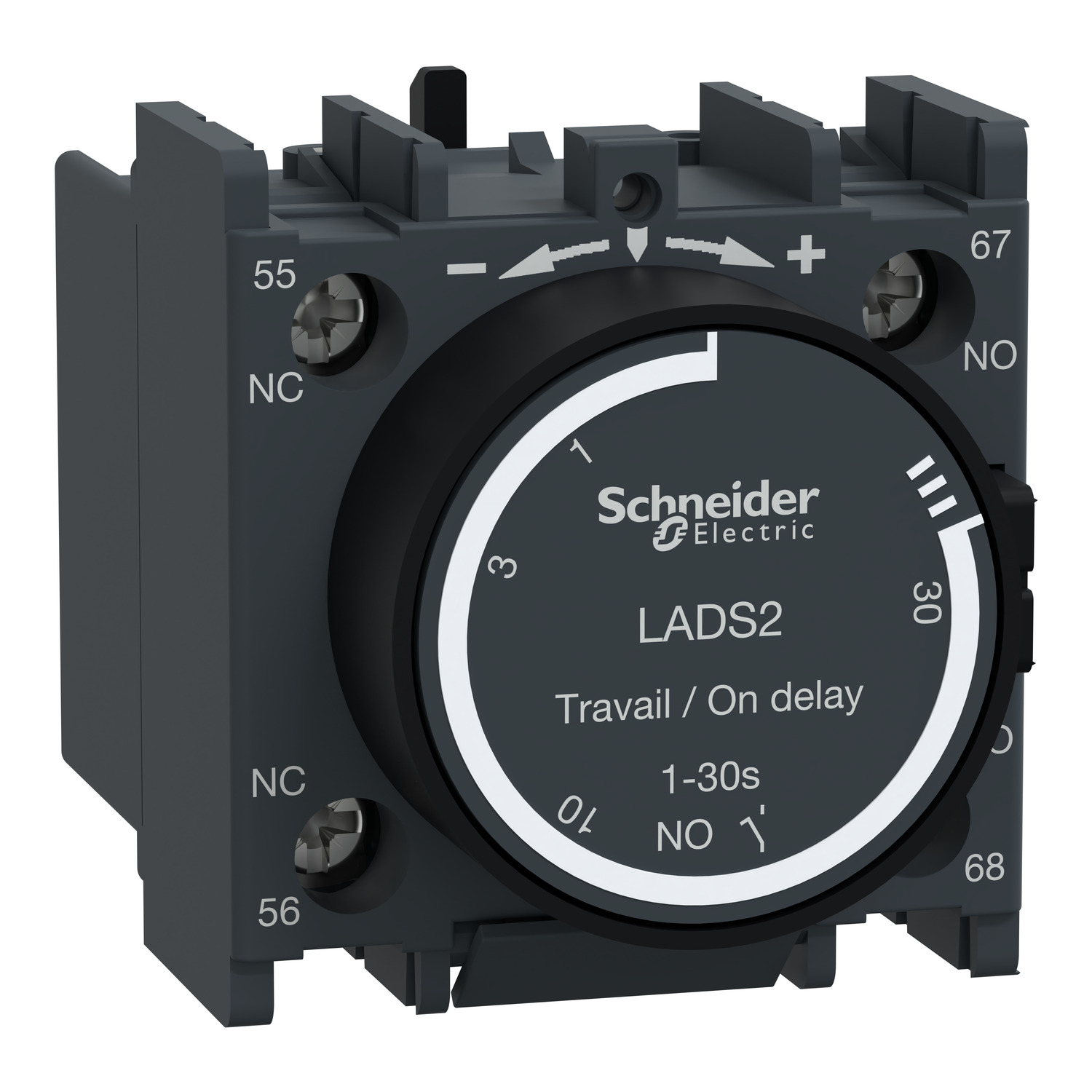 Time delay contact block,TeSys Deca,1NO+1NC,on-delay 1-30s,front,with 40±15ms switching time between NC opening and NO closing