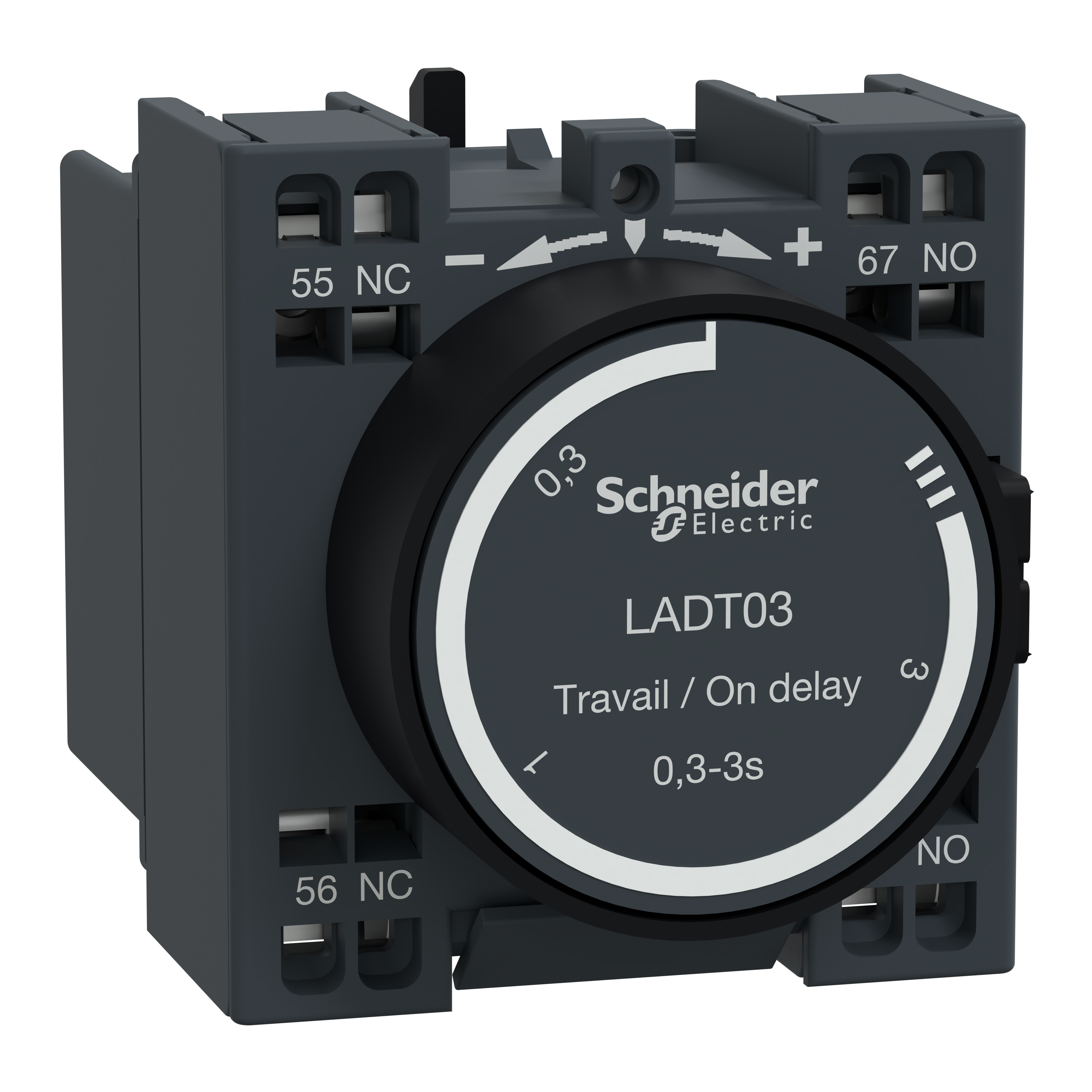 Time delay auxiliary contact block, TeSys Deca, 1NO + 1NC, on delay 0.3-3s, front, spring terminals