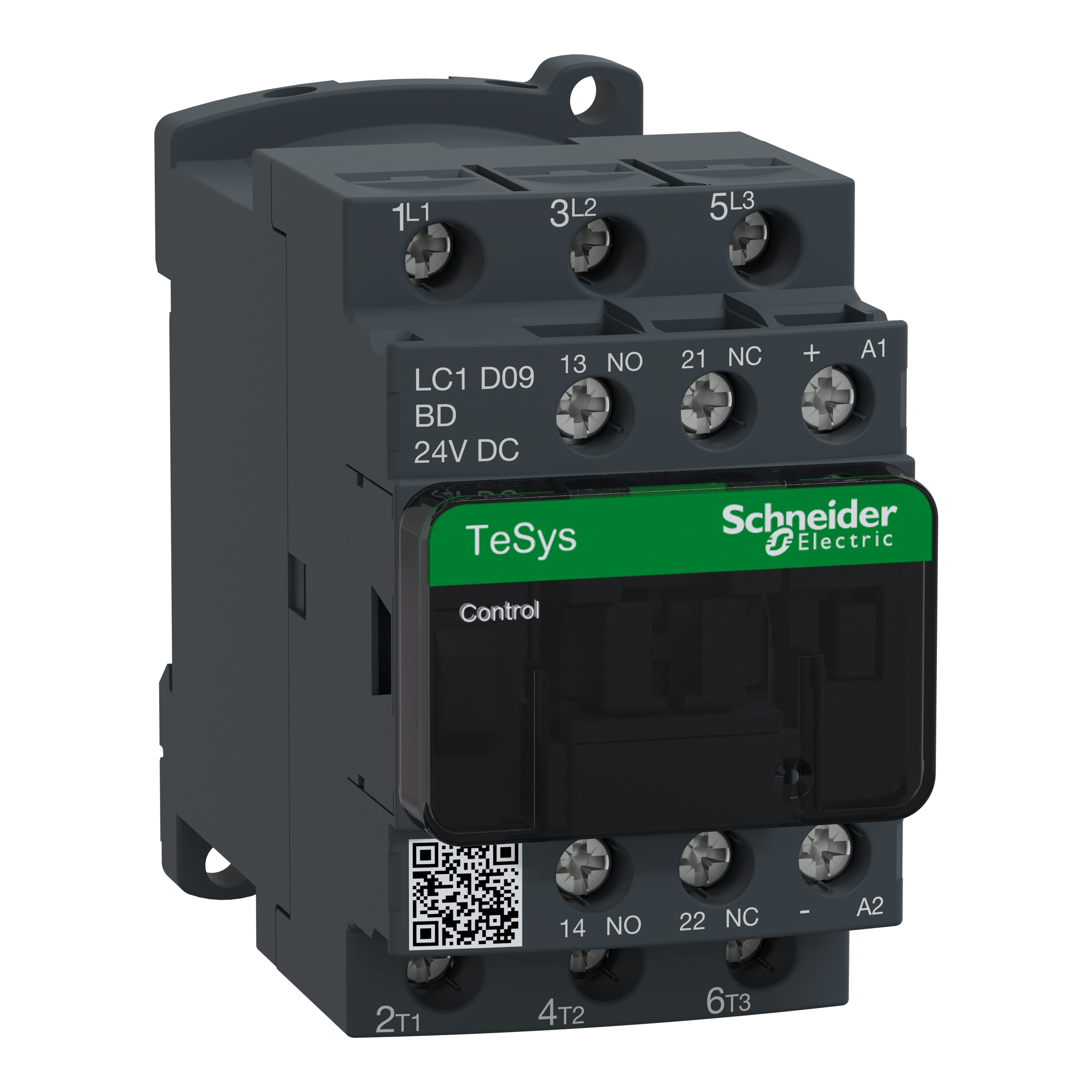 IEC contactor, TeSys Deca, nonreversing, 9A, 5HP at 480VAC, up to 100kA SCCR, 3 phase, 3 NO, 24VDC coil, open style