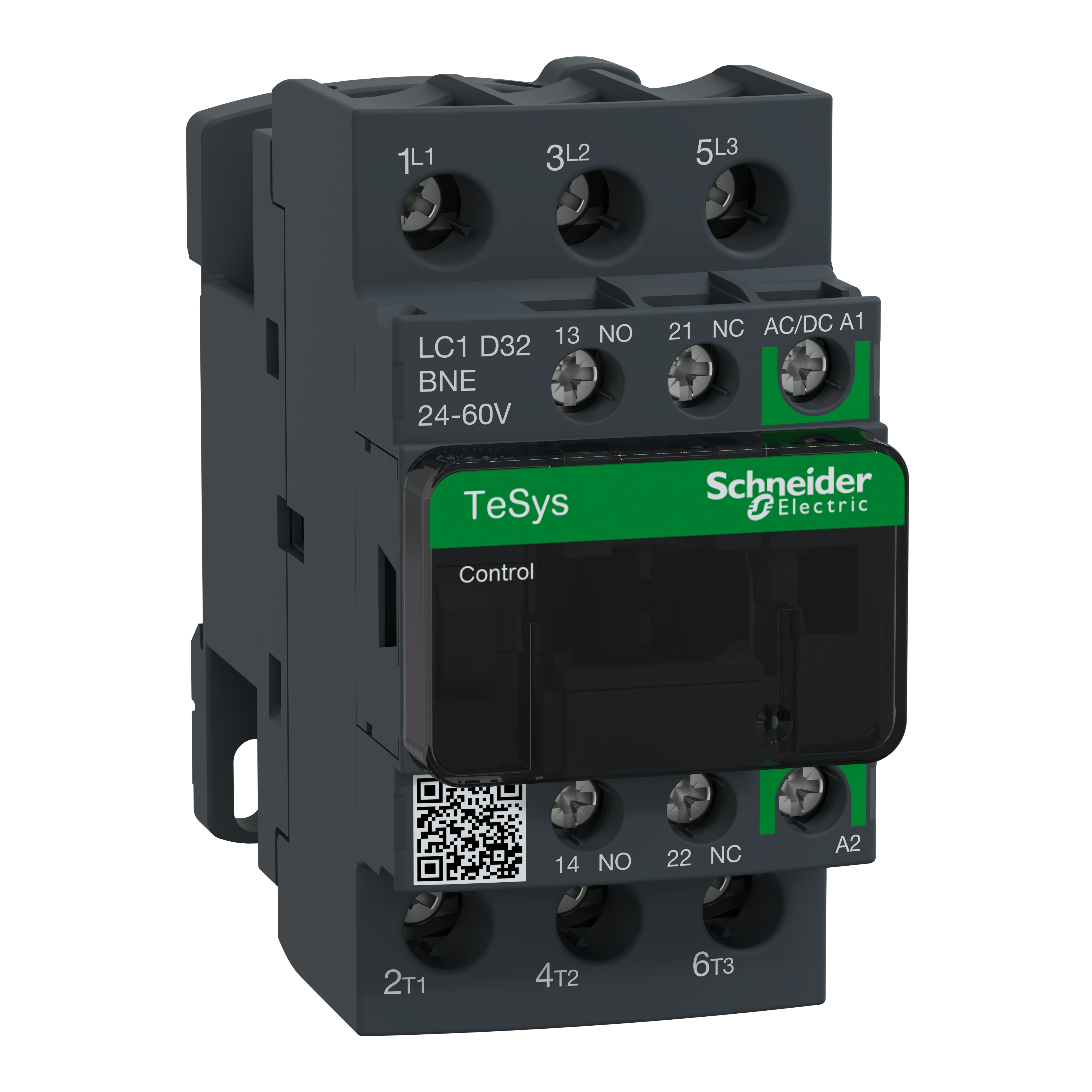 IEC contactor, TeSys Deca Green, nonreversing, 32A, 20HP at 480VAC, up to 100kA SCCR, 3 phase, 3 NO, 24/60VAC/VDC coil, open