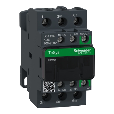  lC1D32KUE lC1D32KUE KONTAKTOR TeSys_D 3P 32A 100-250V AC/DC TeSys D kontaktor 3p 32A AC-3 do 440V kalem 100-250V AC/DC. grupa proizvoda: TeSys - ime proizvoda: TeSys D Green - tip proizvoda ili komponente: kontaktor - primena kontaktora: rezistivno opterećenje, upravljanje motorom - raspored kontakata: 3 NO - [Ie] nazivna radna struja: 32 A (<= 60 Â°C) pri <= 440 V AC-3 za kolo napajanja, 50 A (<= 60 Â°C) pri <= 440 V AC-1 za kolo napajanja - snaga motora kW: 15 kW pri 440 V AC 50 Hz AC-3, 15 kW pri 380...400 V AC 50 Hz AC-3, 15 kW pri 415 V AC 50 Hz AC-3, 18.5 kW pri 500 V AC 50 Hz AC-3, 18.5 kW pri 660...690 V AC 50 Hz AC-3, 7.5 kW pri 220...230 V AC 50 Hz AC-3 - snaga motora hp: 10 hp pri 230/240 V AC 60 Hz za trofazne motori, 10 hp pri 200/208 V AC 60 Hz za trofazne motori, 20 hp pri 460/480 V AC 60 Hz za trofazne motori, 5 hp pri 230/240 V AC 60 Hz za monofazne motori, 2 hp pri 115 V AC 60 Hz za monofazne motori, 25 hp pri 575/600 V AC 60 Hz za trofazne motori - napon upravljačkog kola: 100...250 V AC 50/60 Hz, 100...250 V DC - tip kalem 