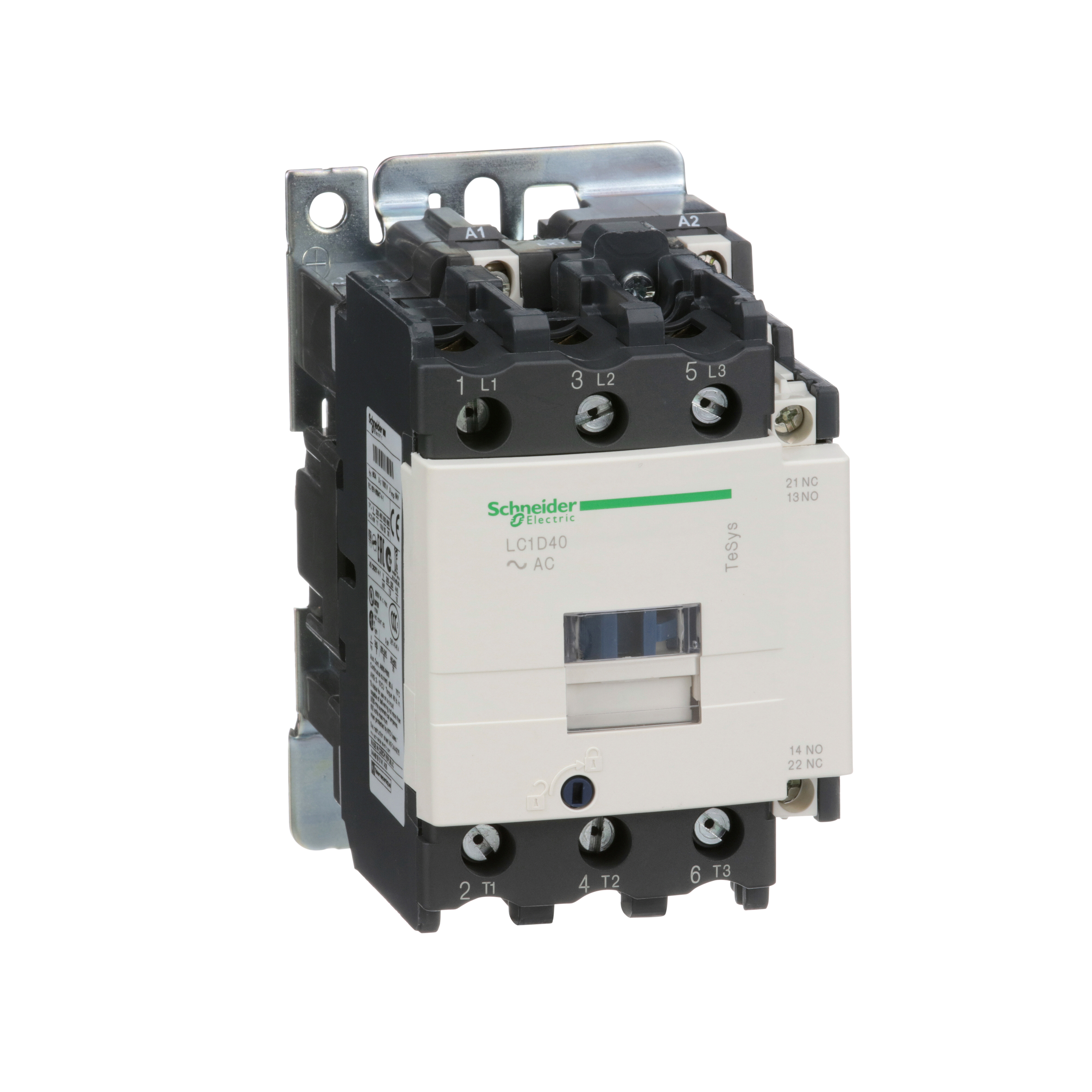 IEC contactor, TeSys D, nonreversing, 40A, 30HP at 480VAC, up to 100kA SCCR, 3 phase, 3 NO, 120VAC 50/60Hz coil, open