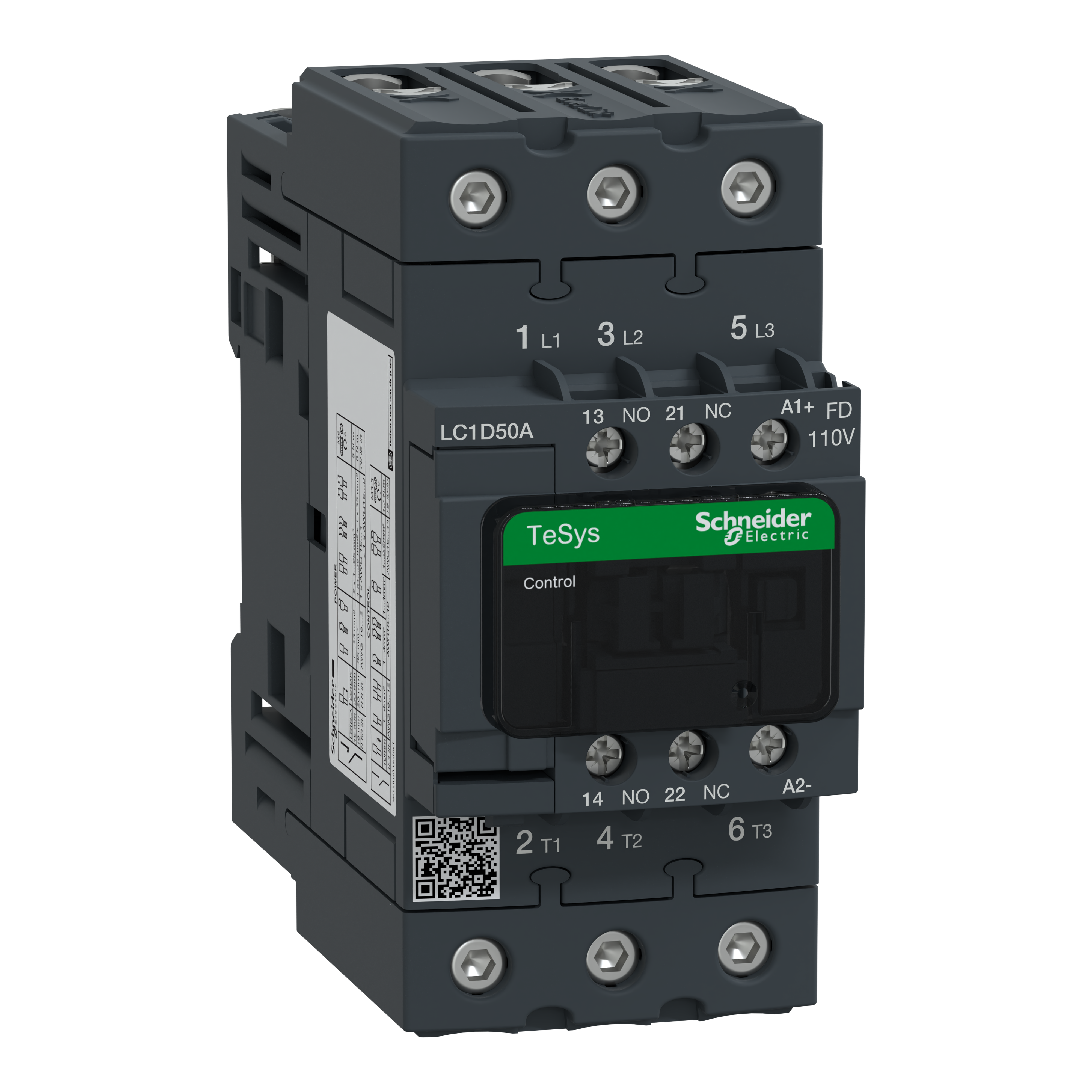 IEC contactor, TeSys Deca, nonreversing, 50A, 40HP at 480VAC, up to 100kA SCCR, 3 phase, 3 NO, 110VDC coil, open style