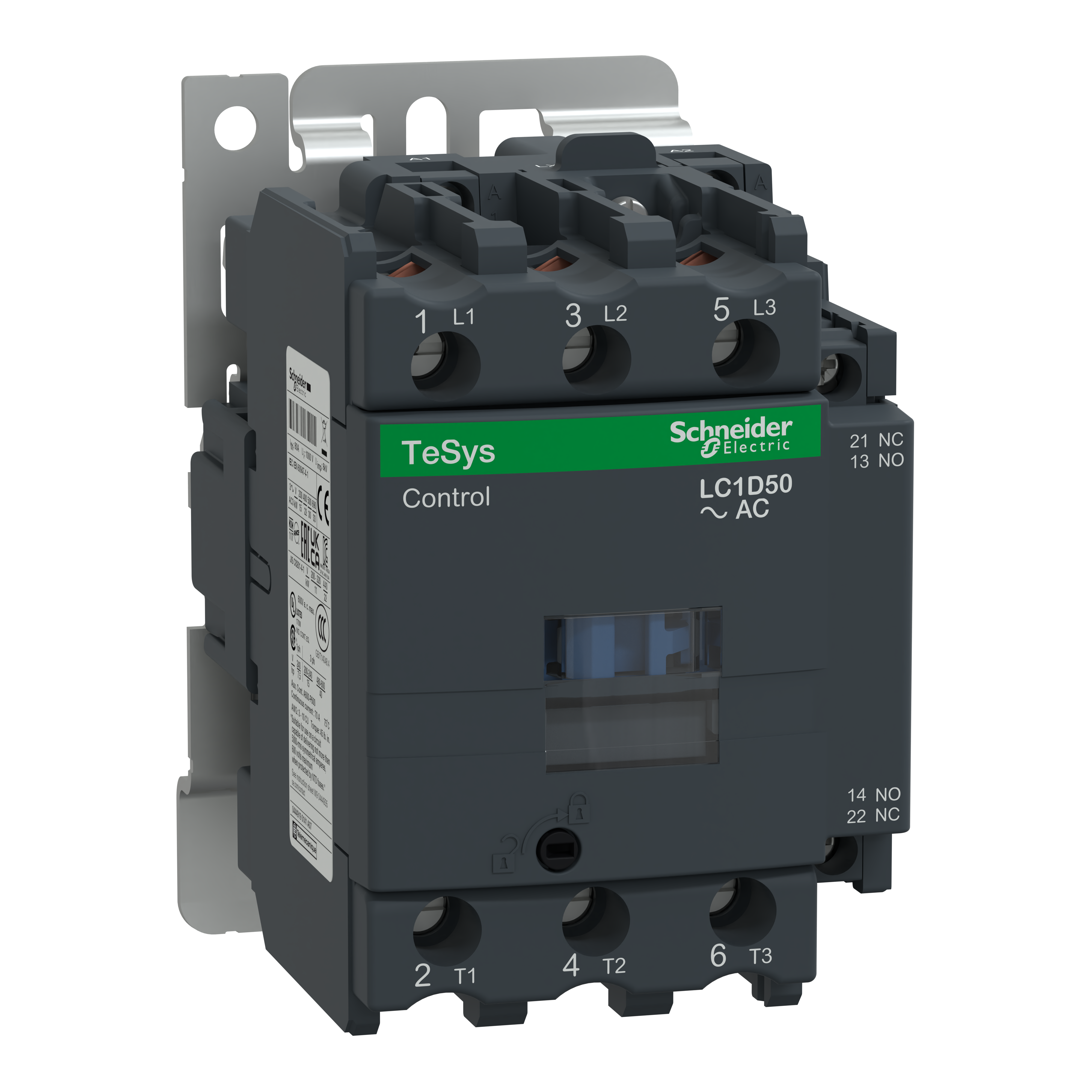 IEC contactor, TeSys D, nonreversing, 50A, 40HP at 480VAC, up to 100kA SCCR, 3 phase, 3 NO, 120VAC 50/60Hz coil, open