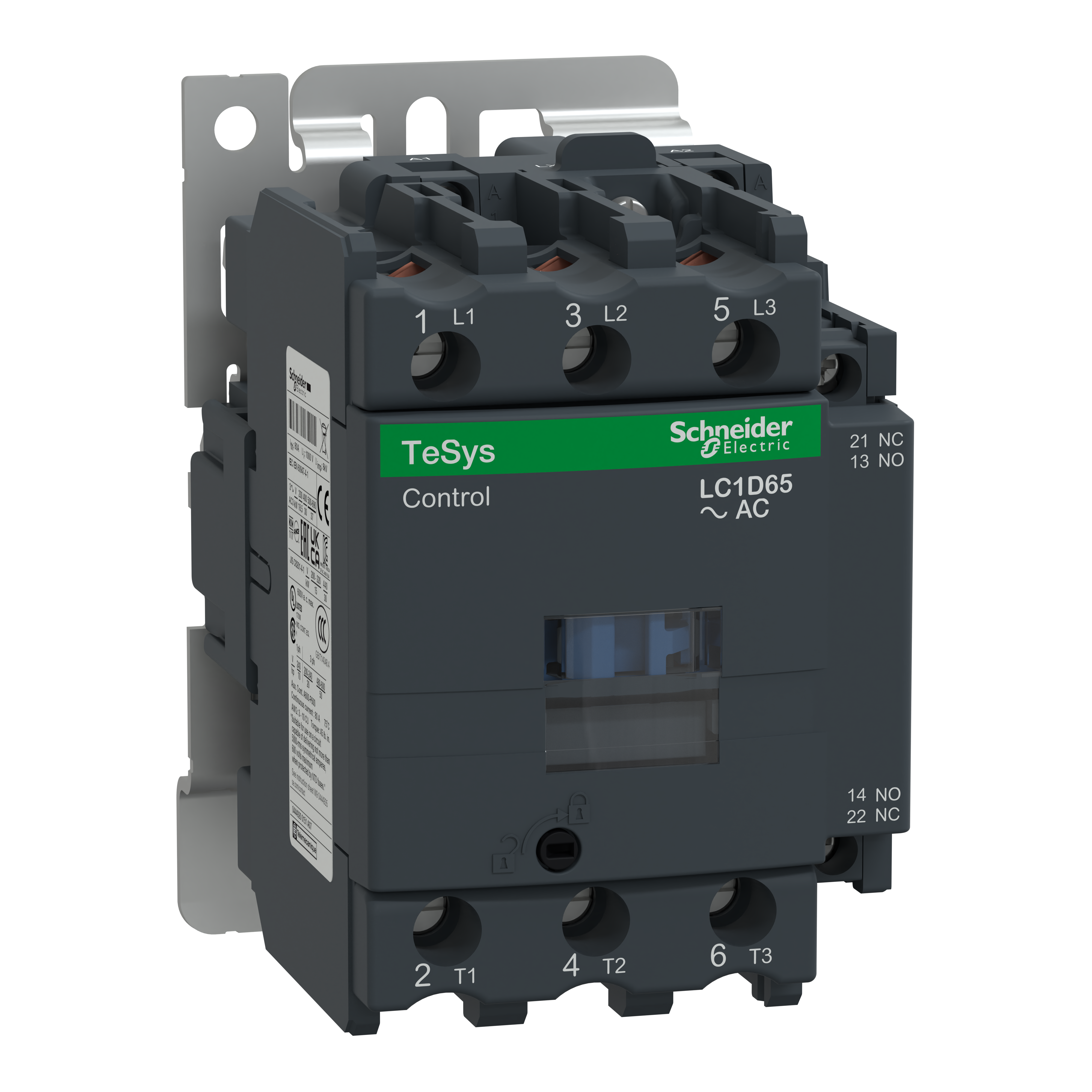 IEC contactor, TeSys D, nonreversing, 65A, 40HP at 480VAC, up to 100kA SCCR, 3 phase, 3 NO, 200VAC 60Hz coil, open style