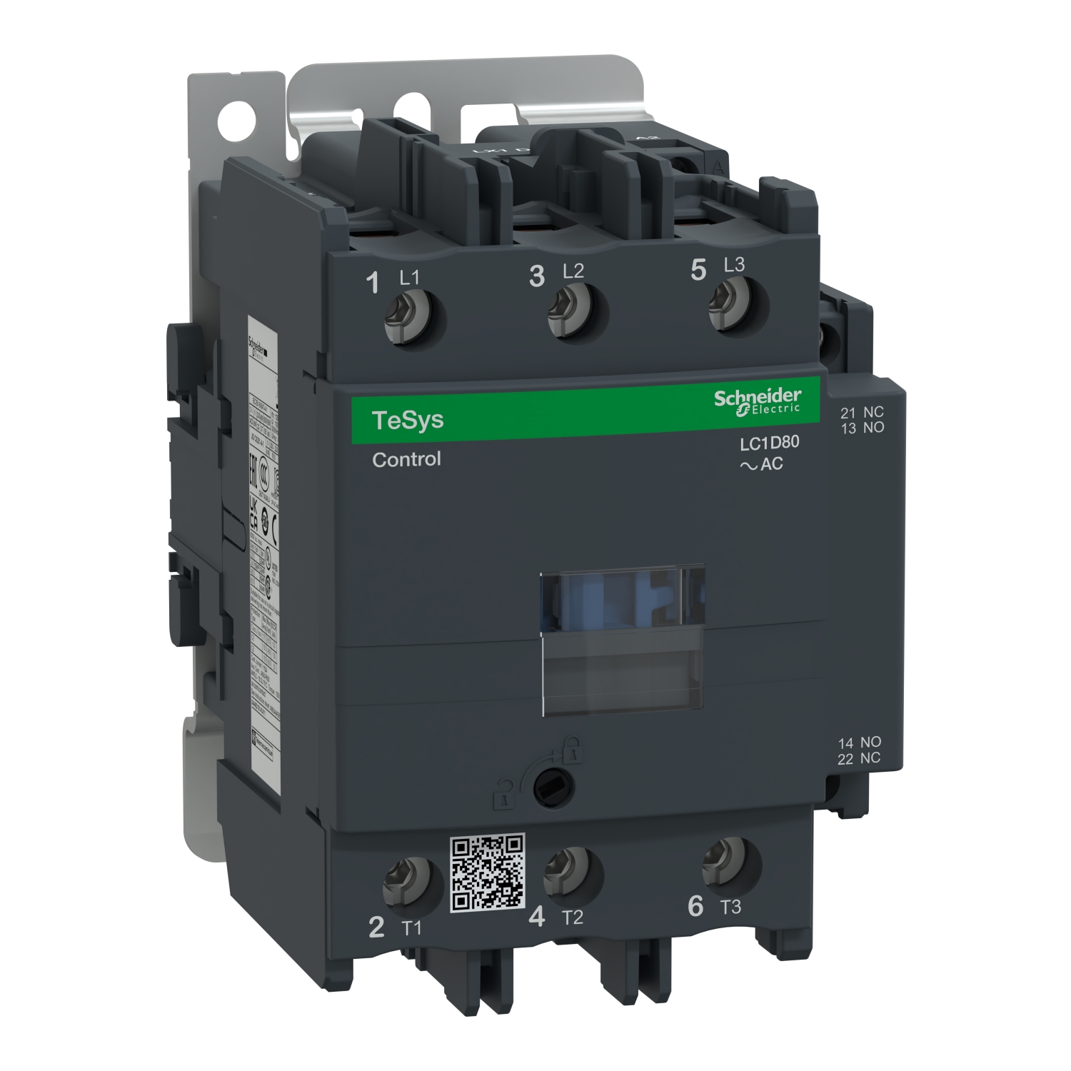 IEC contactor, TeSys Deca, nonreversing, 80A, 60HP at 480VAC, up to 100kA SCCR, 3 phase, 3 NO, 120VAC 50/60Hz coil, open