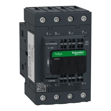 4 pólusú Everlink mágneskapcsoló AC1 415V 80A rugós vezérlő sorkapoccsal 24V DC - LC1DT80A3BD