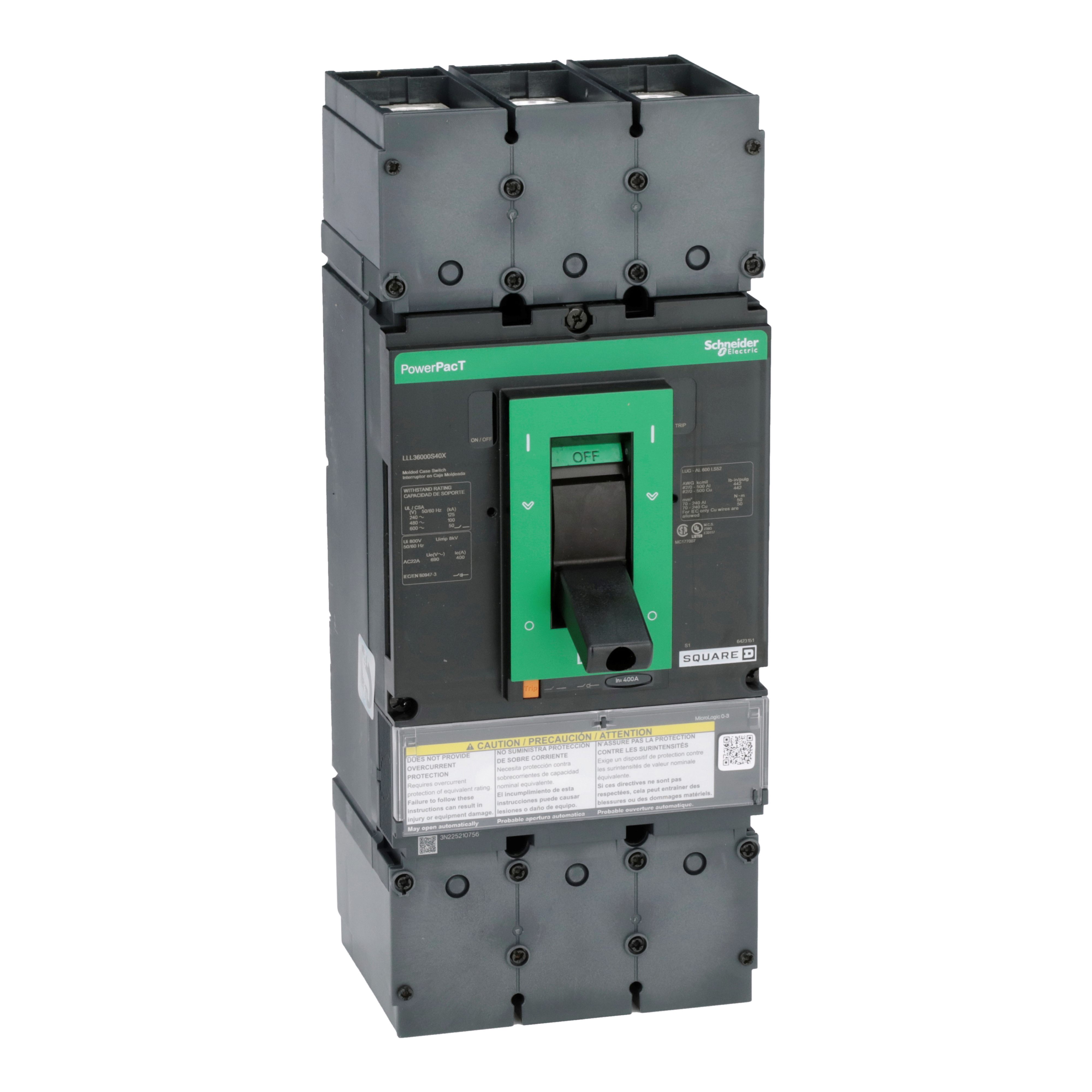Automatic switch, PowerPact L, 400A, 3 pole, 600VAC, 50kA, lugs, magnetic