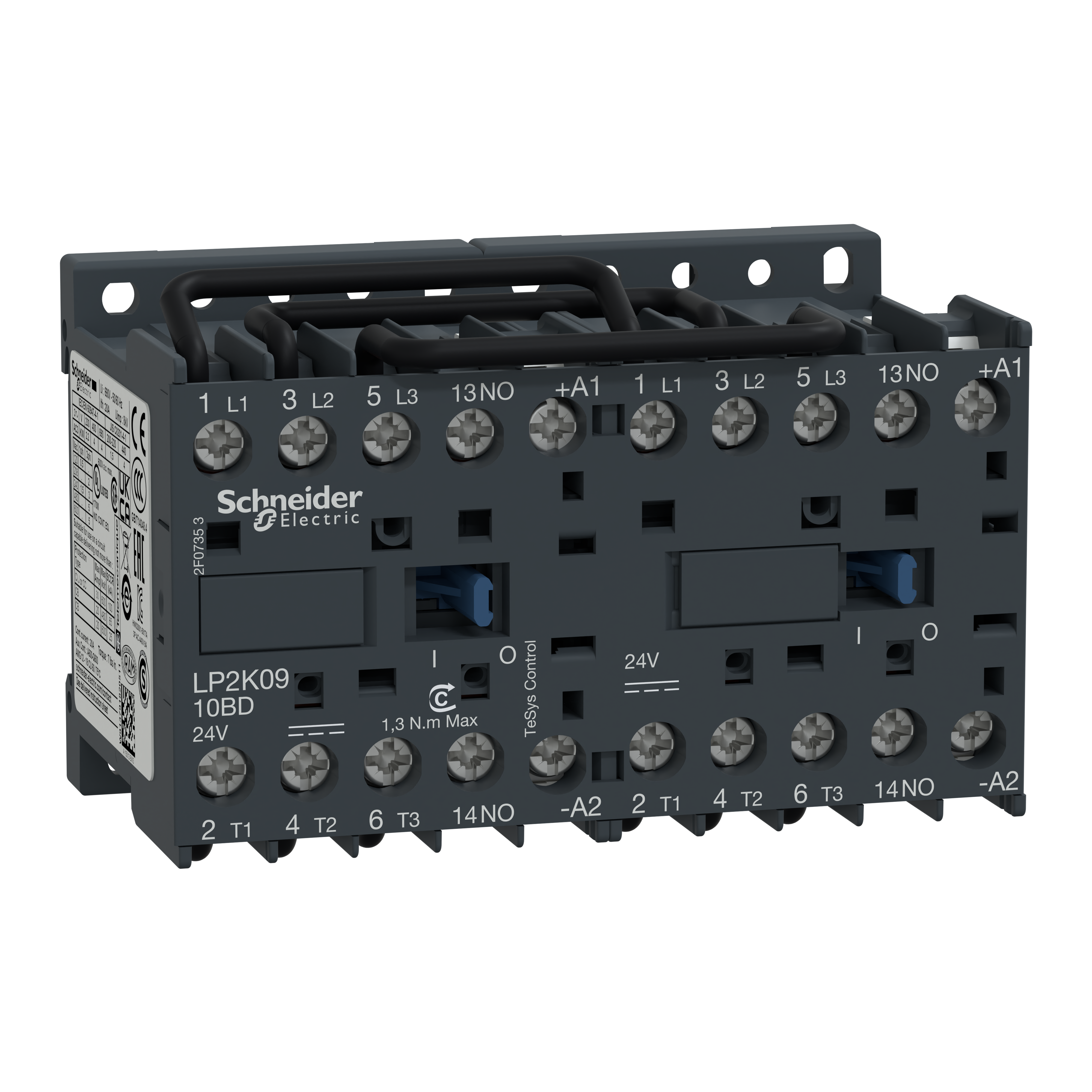 reversing Contactor, TeSys K, 3P, AC-3/AC-3e,440V 9A, 1NO, 24V DC coil, screw clamp terminals