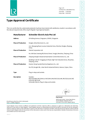 LR Type Approval Certificate RXM relays and RXZE RXZE14P sockets