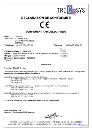 Temperature Sensor - EnOcean 868MHz - CE Declaration