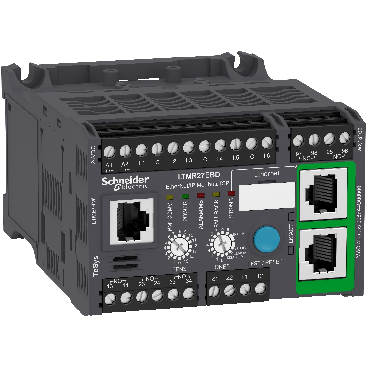Motor controller, TeSys T, Motor Management, Ethernet/IP, Modbus/TCP, 6 inputs, 3 logic outputs, 1.35A to 27A, 24VDC