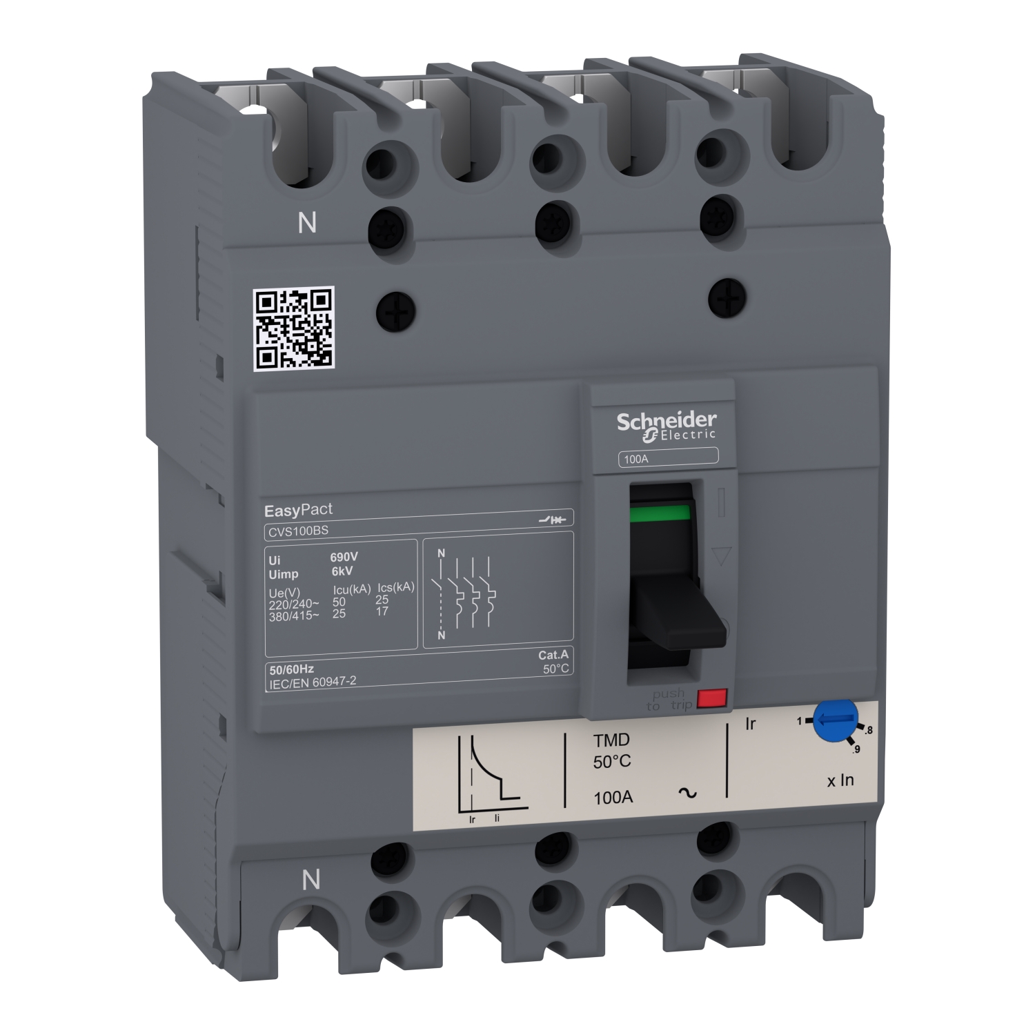 Kompakt megszakító energiaelosztás 4P3D fix 100A 56-80A-hő 25kA EasyPact CVS100S TMD Schneider