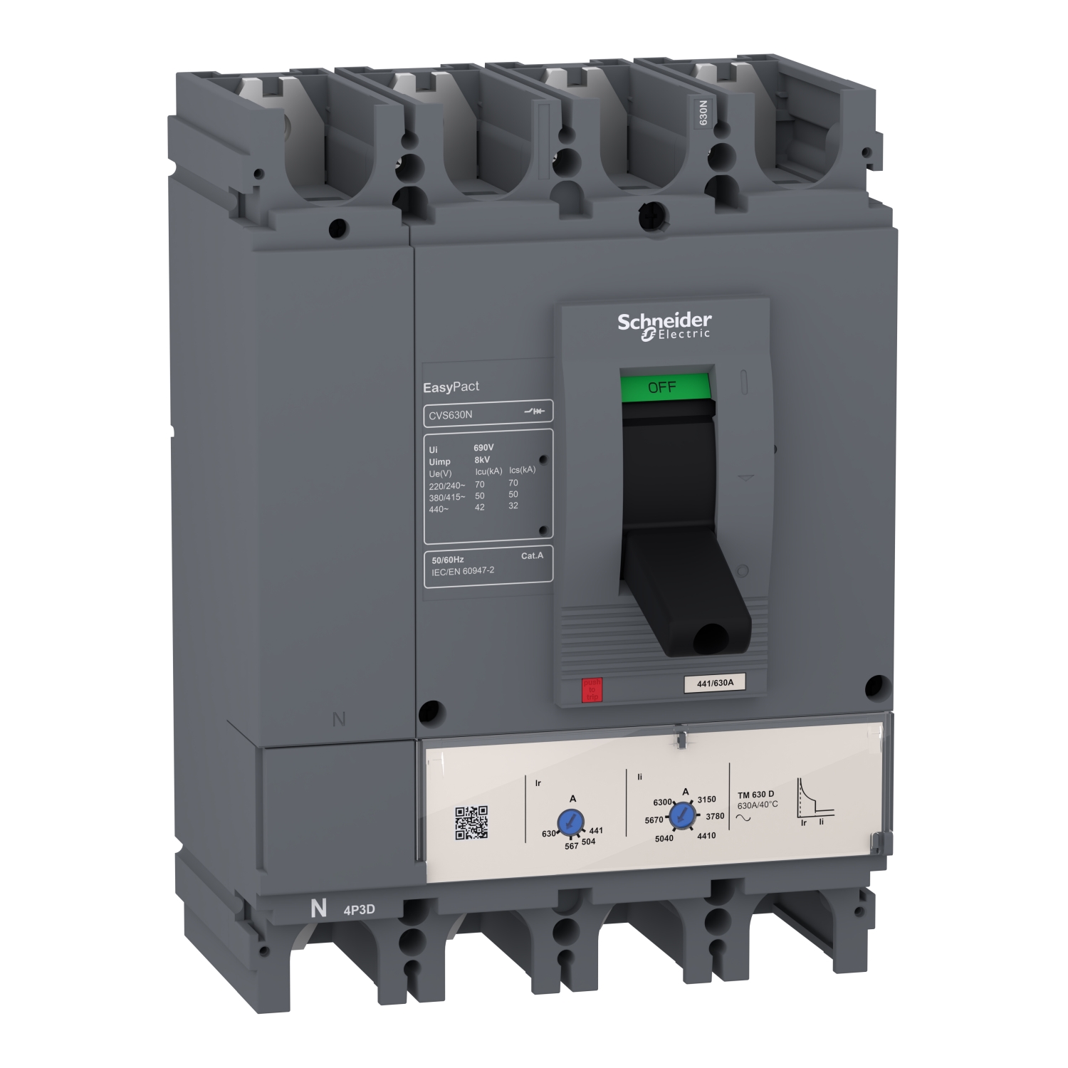 Kompakt megszakító energiaelosztás 4P4D fix 400A 0-400A-hő 50kA EasyPact CVS400N TMD Schneider