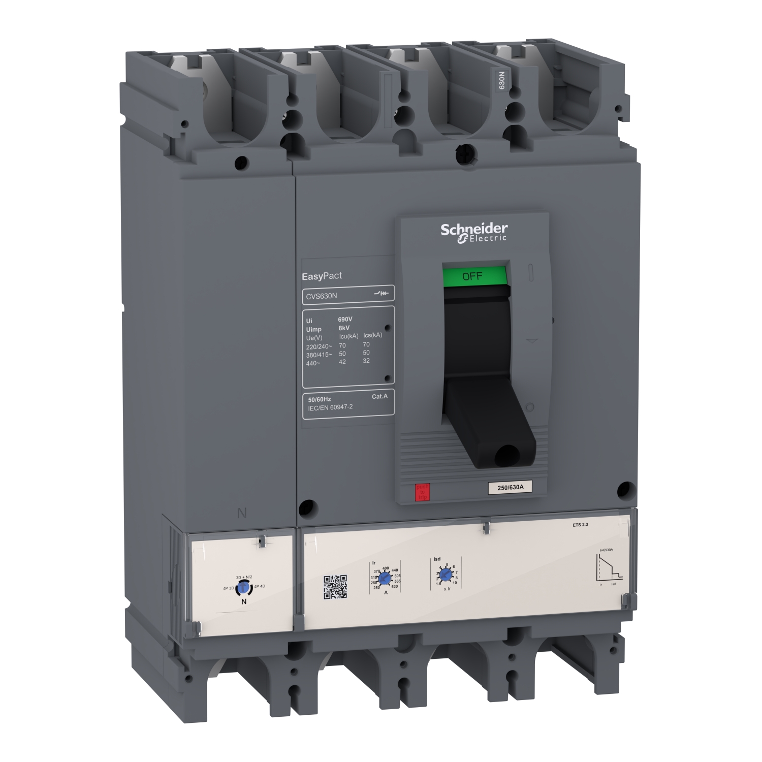 Kompakt megszakító energiaelosztás 4P4D fix 630A 315-630A-hő EasyPact CVS630N Mic2.3 Schneider