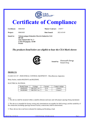 CSA Certificate RXZE2S114S