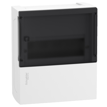 RESI9 MP Kiselosztó, füstszínű átlátszó ajtó, süllyesztett, 1x8 modul, PEN sín, komplett, fehér - MIP12108S