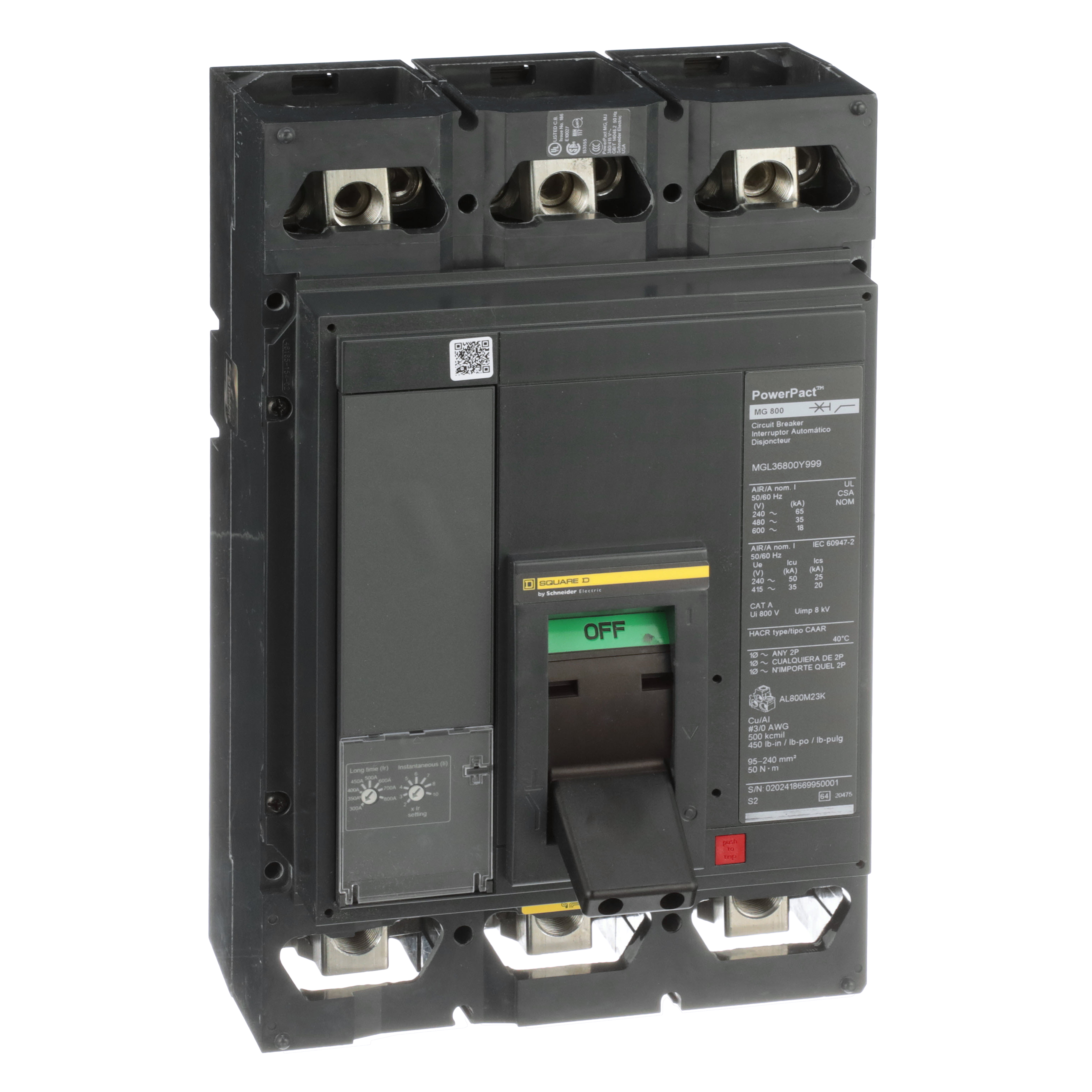 Circuit breaker, PowerPacT M, 300A to 800A, 3 pole, 600VAC, 25kA, lugs, adjustable trip, 80%, control wire both