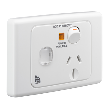 Medilec, Switched Socket Outlet, Horizontal, Power Indicator RCD, 15A