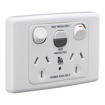 RCD Protected Twin Switch Socket Outlet, 250V, 10A, 1 Pole, Horizontal, 10mA RCD