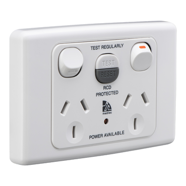 Medilec, Switch Socket Outlet, Twin, 250V, 10A, 1 Pole, Horizontal, 10mA RCD