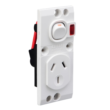 Single Switch Socket Outlet, 250V, 10A, O Style, 2 Pole, Vertical, Neon