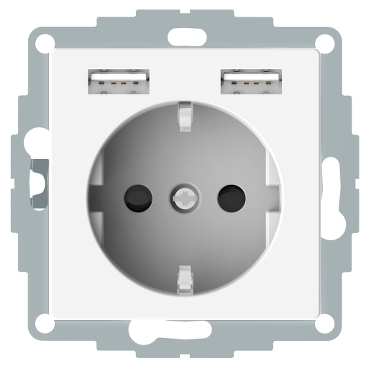 MERTEN 2P+F csatlakozóaljzat, biztonsági zsaluval, kettős USB töltővel, rugós bekötés, 16A / 2.4A, polárfehér színű, MTN2366-0319