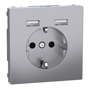 MERTEN 2P+F aljzat, dupla USB töltővel, 16A/2.4A, D-Life, acél színű, MTN2366-6036