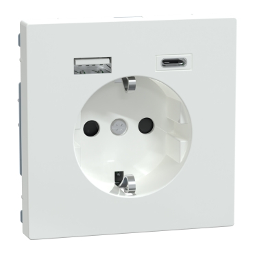 MERTEN 2P+F aljzat, BZS, kettős USB töltővel, rugós bekötés, 16A / 3A, A+C, D-Life, lótuszfehér színű, MTN2367-6035