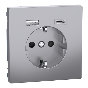 MERTEN 2P+F aljzat, BZS, kettős USB töltővel, rugós bekötés, 16A / 3A, A+C, D-Life, acél színű, MTN2367-6036