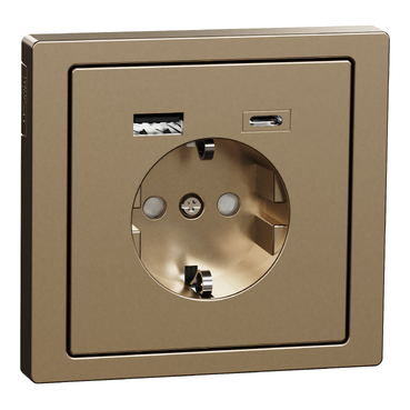 MERTEN 2P+F aljzat, BZS, kettős USB töltővel, rugós bekötés, 16A / 3A, A+C, D-Life, pezsgő színű, MTN2367-6051