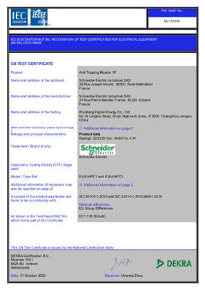 Schneider Charge Anti Tripping Module 1P Certificate CB Test IEC 61010 DEKRA