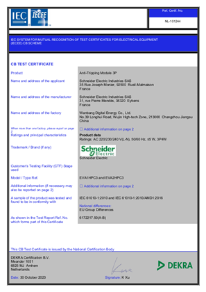 Schneider Charge Anti Tripping Module 3P Certificate CB Test IEC 61010 DEKRA