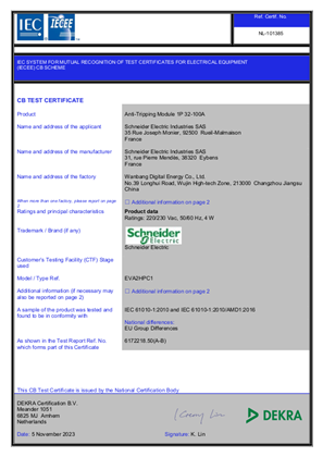 Schneider Charge Anti Tripping Module 1P 32A 100A Certificate CB Test IEC 61010 DEKRA