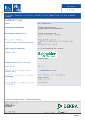 EVlink Home, Anti-Tripping Module 3P EVA1HPC3, CB Test Certificate