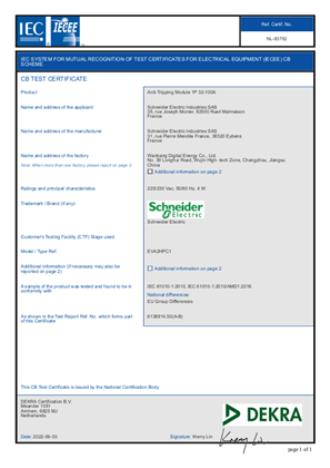 EVlink Home, Anti-Tripping Module EVA2HPC1, CB Test Certificate