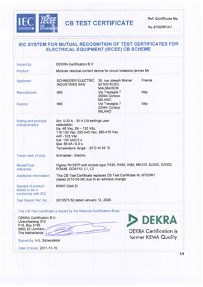 CB Certificate NL-8700 - VIGIREX-RH197P according to IEC 60947-2:ED3